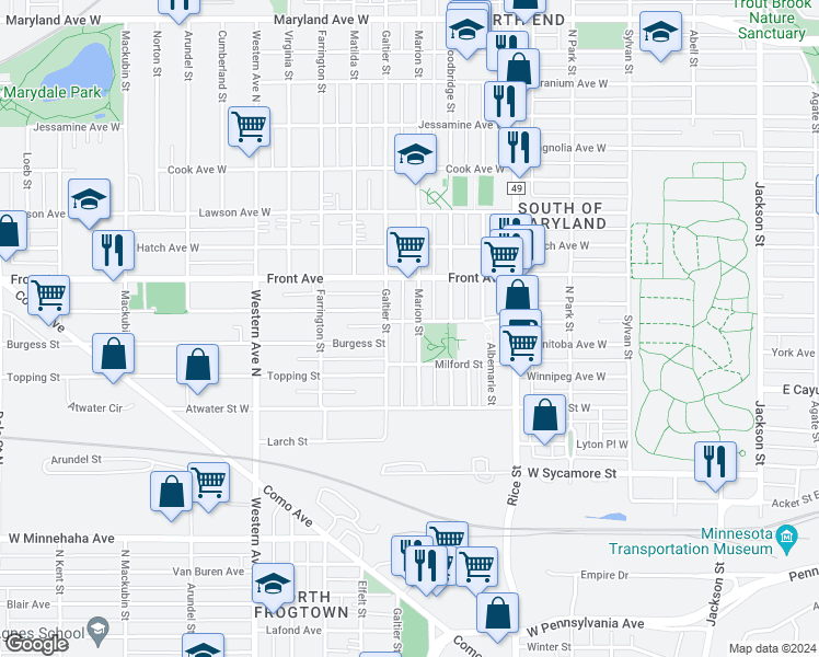 map of restaurants, bars, coffee shops, grocery stores, and more near 900 Marion Street in Saint Paul