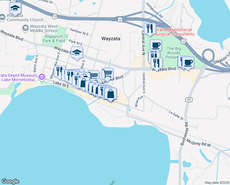 map of restaurants, bars, coffee shops, grocery stores, and more near 330 Engel Street in Wayzata