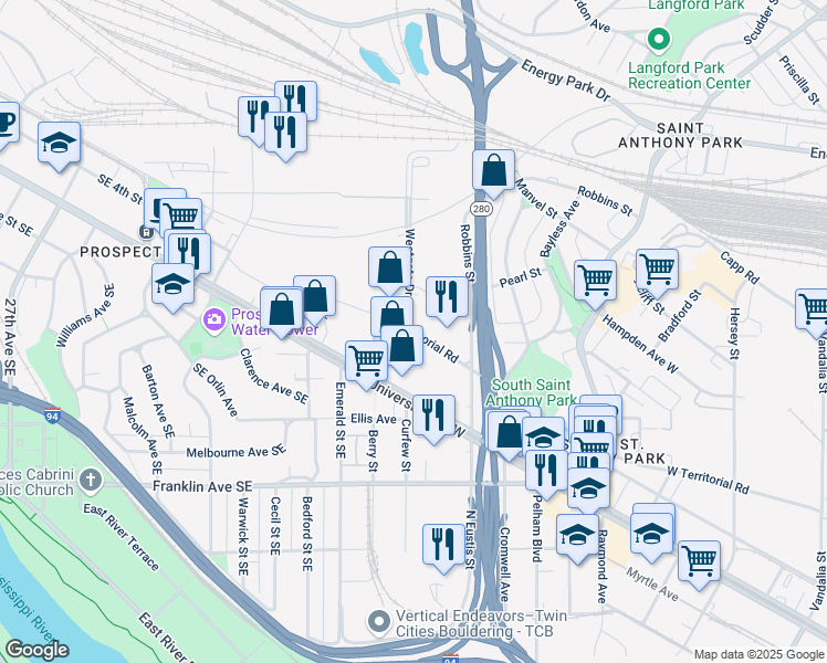 map of restaurants, bars, coffee shops, grocery stores, and more near 2615 West Territorial Road in Saint Paul