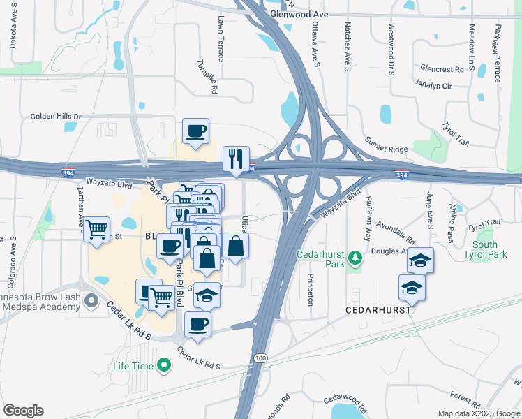 map of restaurants, bars, coffee shops, grocery stores, and more near 1511 Utica Avenue South in St. Louis Park