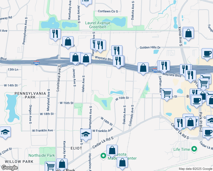 map of restaurants, bars, coffee shops, grocery stores, and more near 1361 Hampshire Avenue South in St. Louis Park