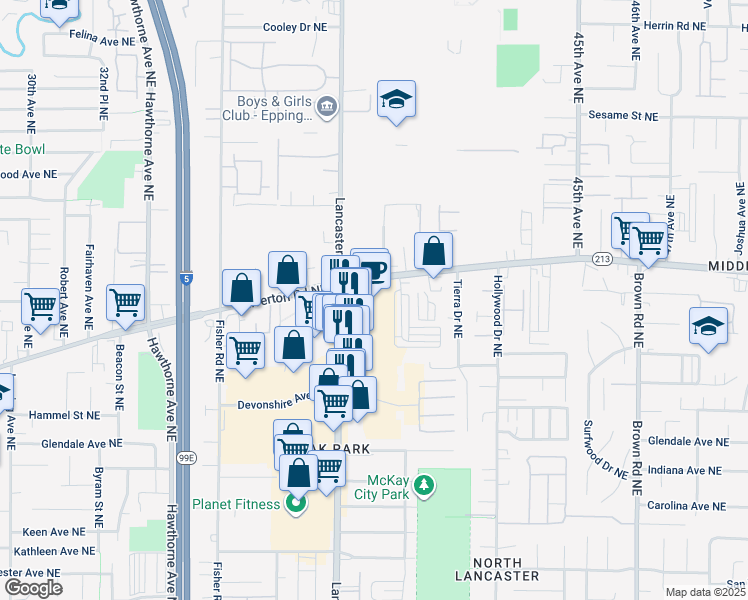 map of restaurants, bars, coffee shops, grocery stores, and more near 3284 Lancaster Drive Northeast in Salem