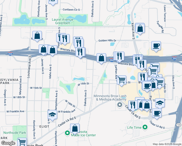 map of restaurants, bars, coffee shops, grocery stores, and more near 1410 Colorado Avenue South in Minneapolis
