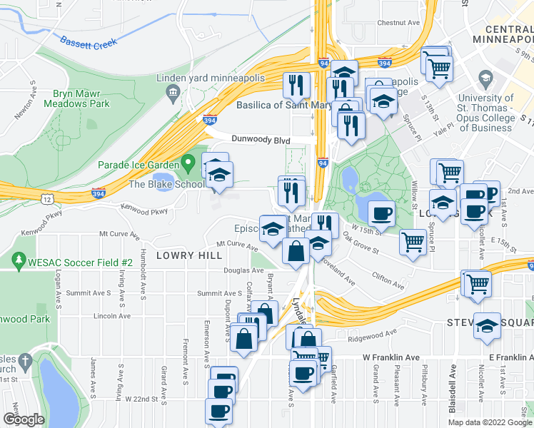 map of restaurants, bars, coffee shops, grocery stores, and more near 3 Bryant Avenue South in Minneapolis