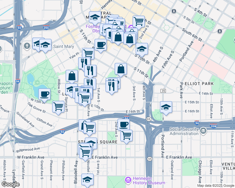 map of restaurants, bars, coffee shops, grocery stores, and more near 1301 2nd Avenue South in Minneapolis