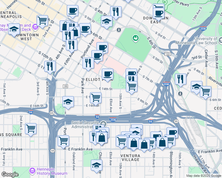 map of restaurants, bars, coffee shops, grocery stores, and more near Elliot Avenue South in Minneapolis