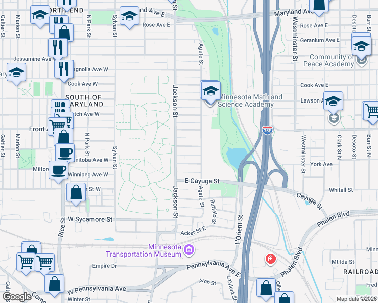 map of restaurants, bars, coffee shops, grocery stores, and more near 143 York Avenue in Saint Paul