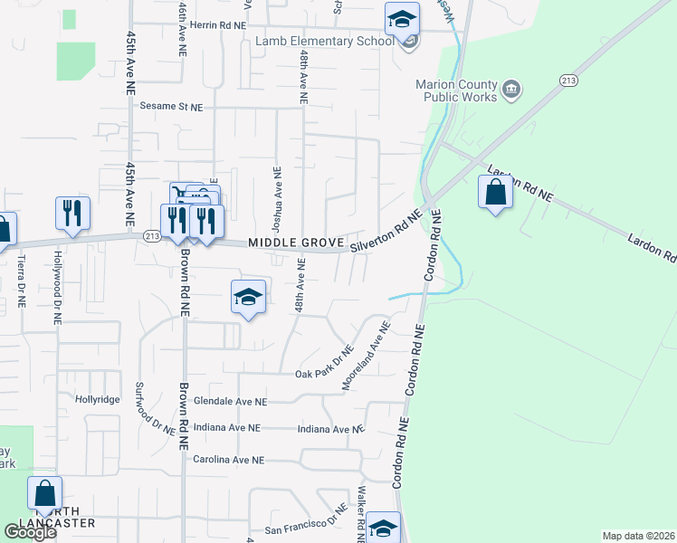 map of restaurants, bars, coffee shops, grocery stores, and more near 4800 Silverton Road Northeast in Salem