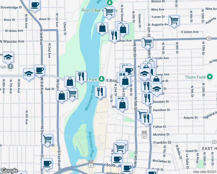 map of restaurants, bars, coffee shops, grocery stores, and more near 1500 1st Street in Wausau
