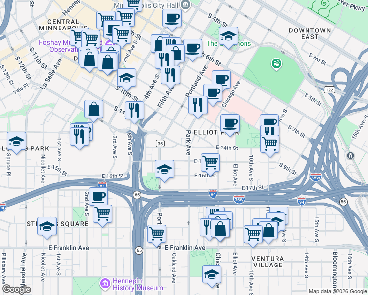 map of restaurants, bars, coffee shops, grocery stores, and more near 1400 Park Avenue in Minneapolis