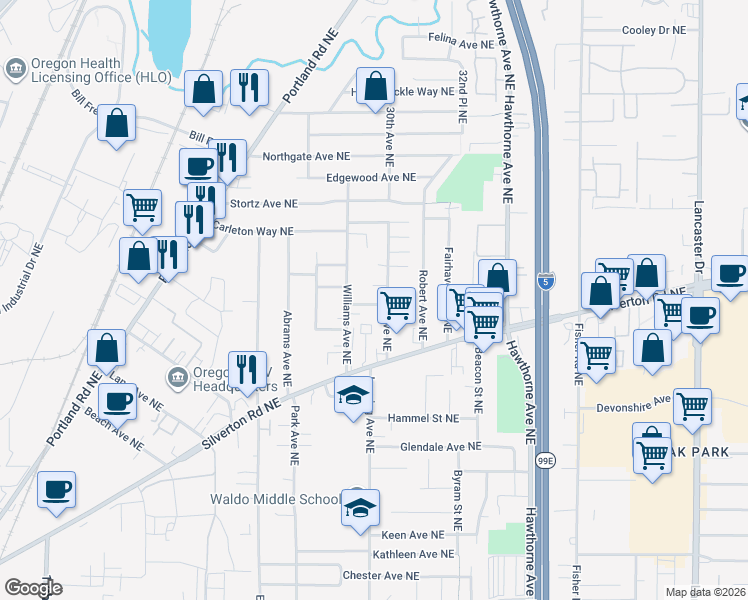 map of restaurants, bars, coffee shops, grocery stores, and more near 3395 30th Avenue Northeast in Salem