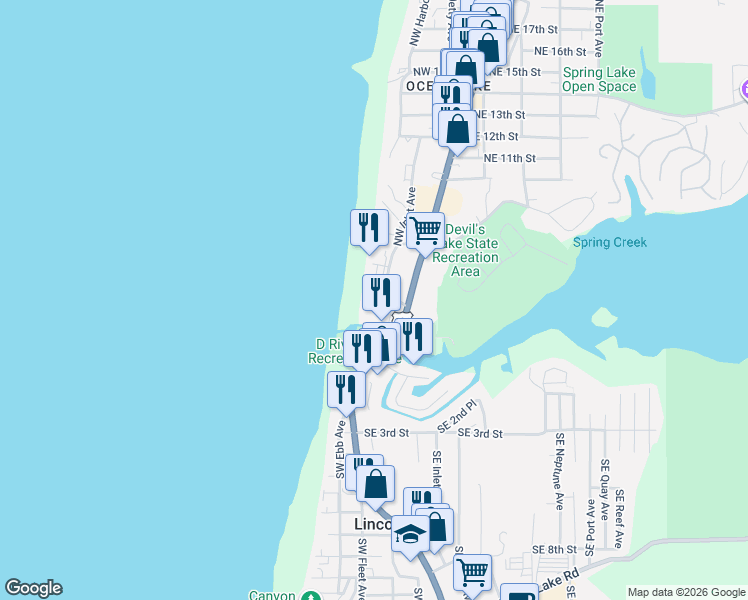 map of restaurants, bars, coffee shops, grocery stores, and more near in Lincoln County