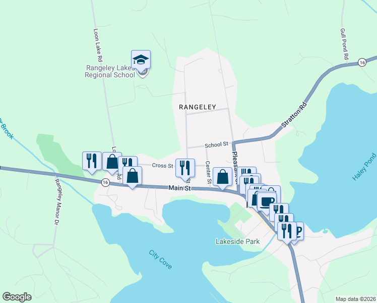 map of restaurants, bars, coffee shops, grocery stores, and more near 32 High Street in Rangeley