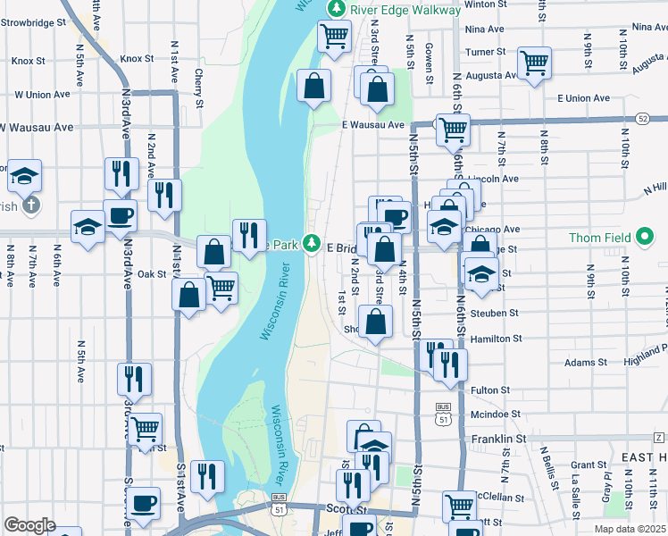 map of restaurants, bars, coffee shops, grocery stores, and more near 1418 1st Street in Wausau