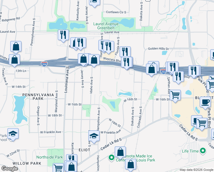 map of restaurants, bars, coffee shops, grocery stores, and more near 1351 Hampshire Avenue South in St. Louis Park