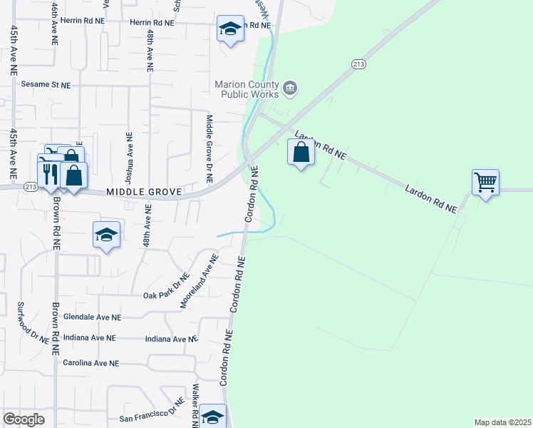 map of restaurants, bars, coffee shops, grocery stores, and more near 3340 Cordon Road Northeast in Salem