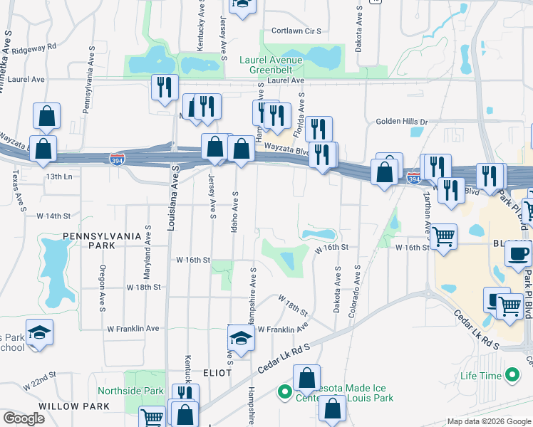 map of restaurants, bars, coffee shops, grocery stores, and more near 1351 Hampshire Avenue South in St. Louis Park
