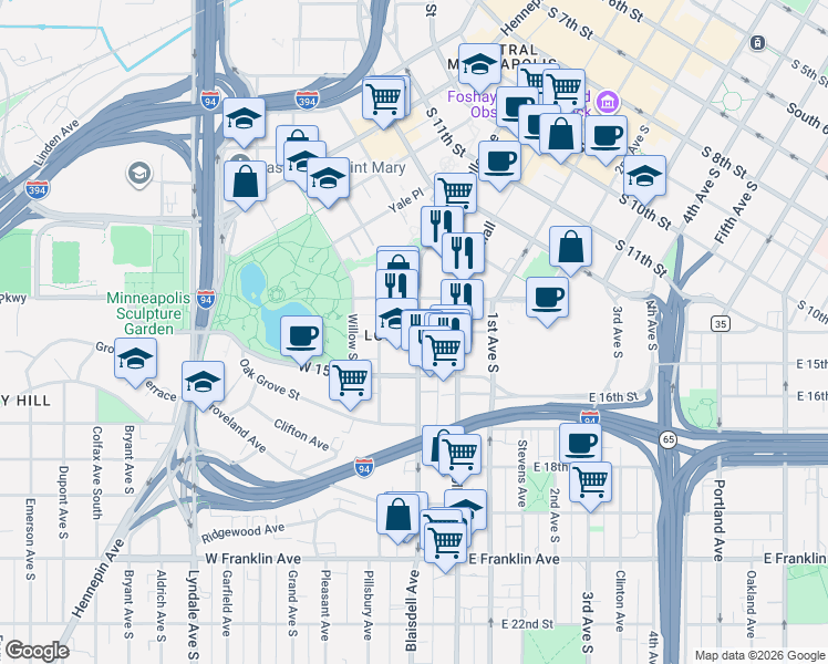 map of restaurants, bars, coffee shops, grocery stores, and more near in Minneapolis