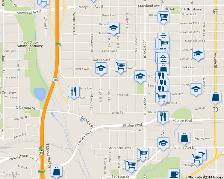 map of restaurants, bars, coffee shops, grocery stores, and more near 918 Desoto Street in Saint Paul