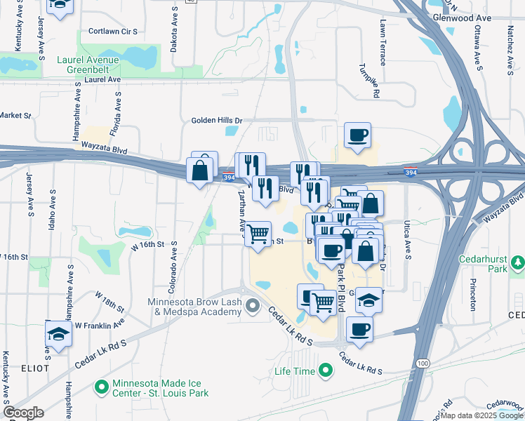 map of restaurants, bars, coffee shops, grocery stores, and more near 5775 Wayzata Boulevard in St. Louis Park