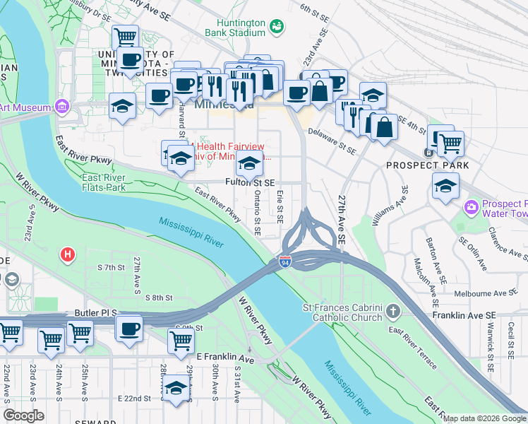 map of restaurants, bars, coffee shops, grocery stores, and more near 916 Dartmouth Place Southeast in Minneapolis