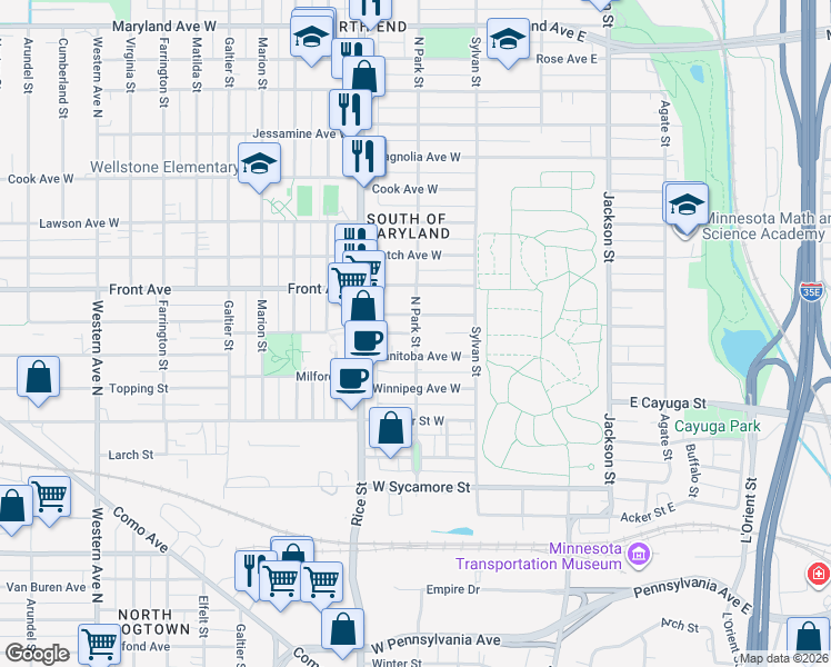map of restaurants, bars, coffee shops, grocery stores, and more near 0 West Wayzata Street in Saint Paul