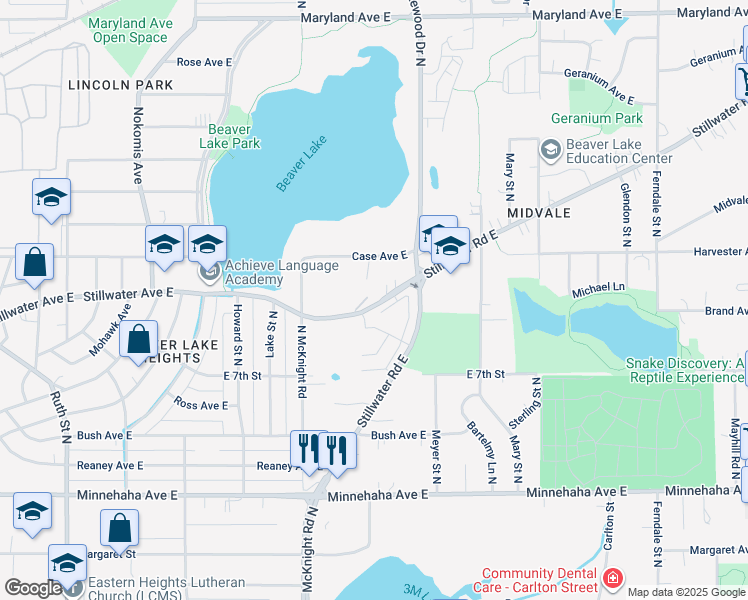 map of restaurants, bars, coffee shops, grocery stores, and more near 2330 Stillwater Avenue East in Maplewood
