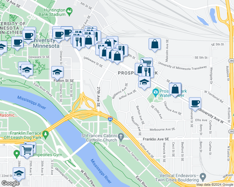 map of restaurants, bars, coffee shops, grocery stores, and more near 73 Arthur Avenue Southeast in Minneapolis