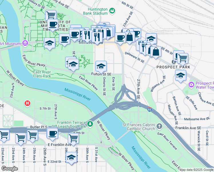 map of restaurants, bars, coffee shops, grocery stores, and more near 916 Dartmouth Place Southeast in Minneapolis