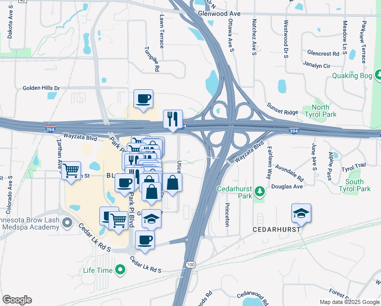 map of restaurants, bars, coffee shops, grocery stores, and more near 5201 Wayzata Boulevard in Minneapolis