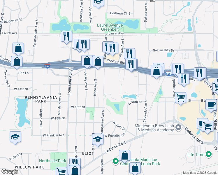 map of restaurants, bars, coffee shops, grocery stores, and more near 1351 Hampshire Avenue South in St. Louis Park