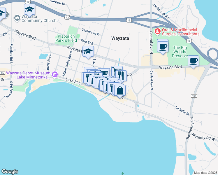 map of restaurants, bars, coffee shops, grocery stores, and more near 811 Lake Street East in Wayzata