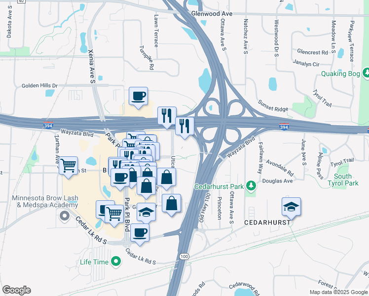 map of restaurants, bars, coffee shops, grocery stores, and more near 1511 Utica Avenue South in St. Louis Park