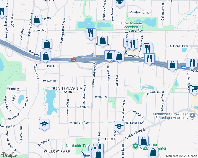 map of restaurants, bars, coffee shops, grocery stores, and more near 1425 Louisiana Avenue South in Minneapolis