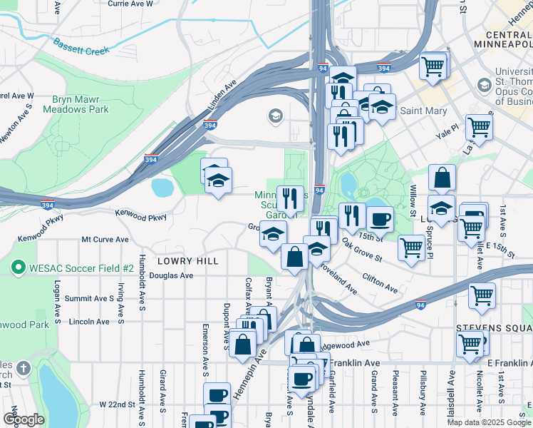 map of restaurants, bars, coffee shops, grocery stores, and more near 3 Bryant Avenue South in Minneapolis