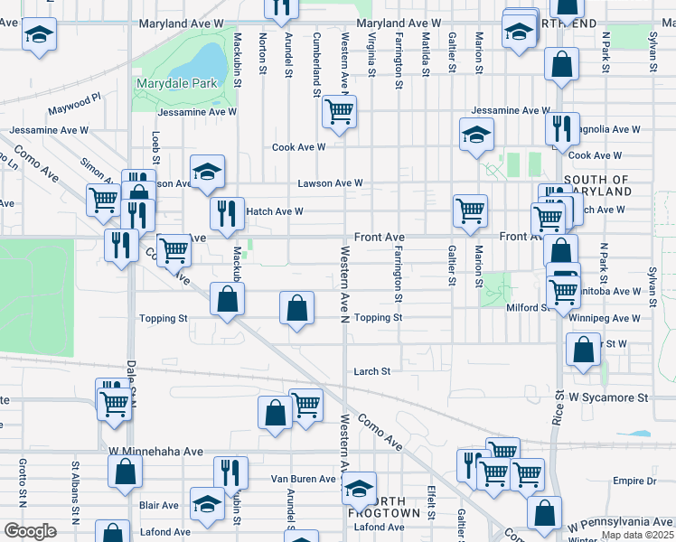 map of restaurants, bars, coffee shops, grocery stores, and more near 397 Burgess Street in Saint Paul
