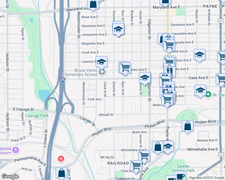 map of restaurants, bars, coffee shops, grocery stores, and more near 906 Desoto Street in Saint Paul