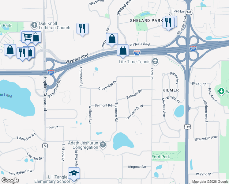map of restaurants, bars, coffee shops, grocery stores, and more near 1608 Traymore Road in Hopkins