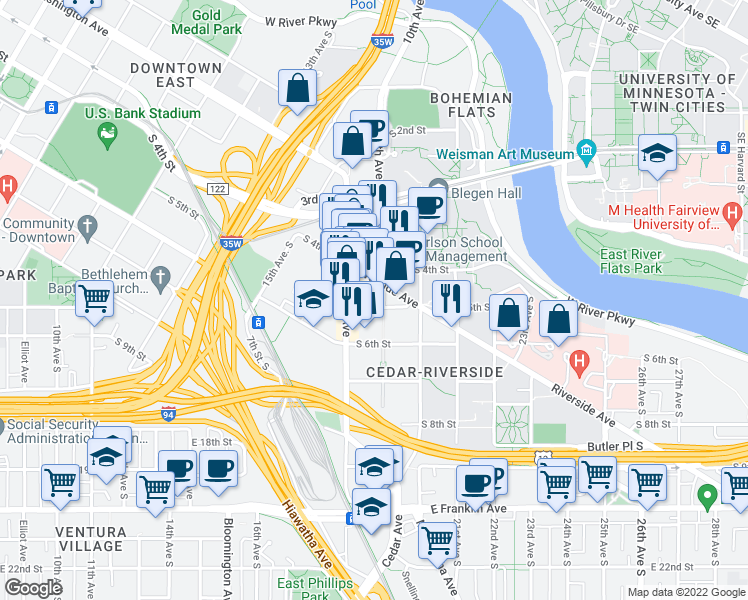 map of restaurants, bars, coffee shops, grocery stores, and more near 1825 South 5th Street in Minneapolis