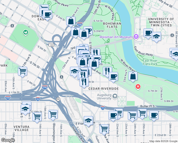 map of restaurants, bars, coffee shops, grocery stores, and more near 1825 South 5th Street in Minneapolis