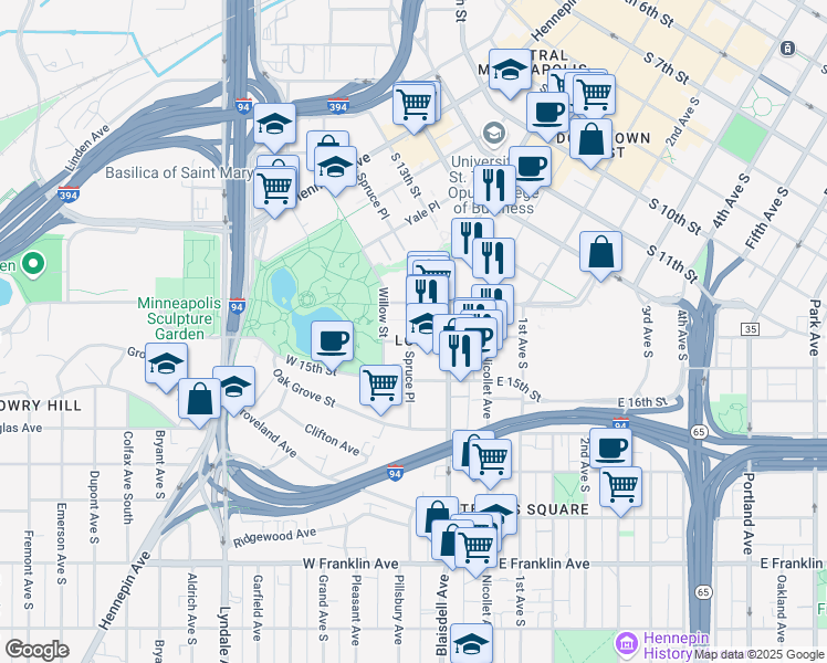 map of restaurants, bars, coffee shops, grocery stores, and more near 1369 Spruce Place in Minneapolis