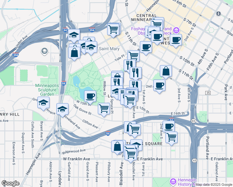 map of restaurants, bars, coffee shops, grocery stores, and more near 5 Spruce Place in Minneapolis