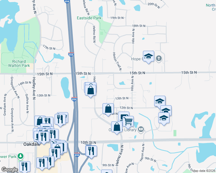 map of restaurants, bars, coffee shops, grocery stores, and more near 7600 13th Street North in Saint Paul
