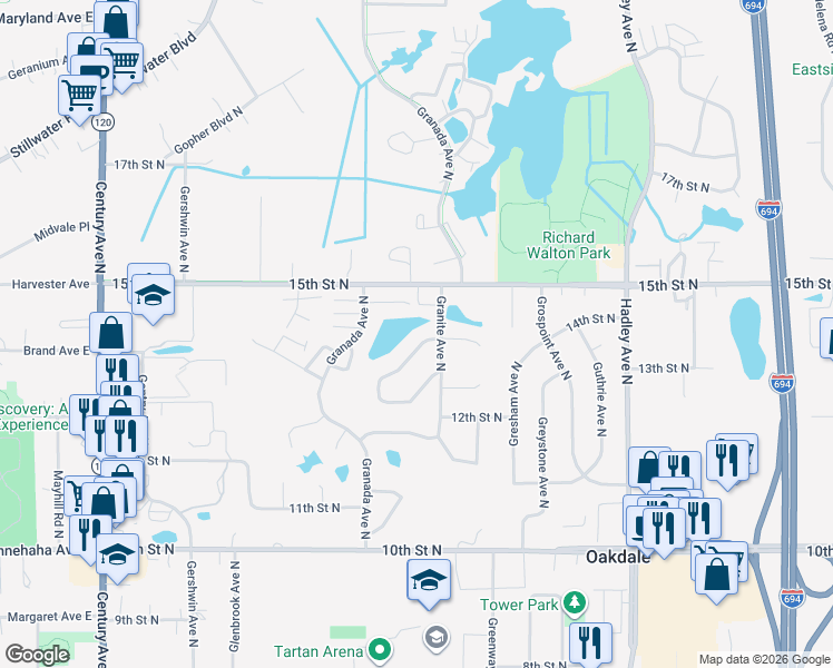 map of restaurants, bars, coffee shops, grocery stores, and more near 1368 Granite Lane North in Saint Paul