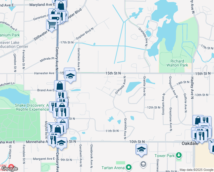 map of restaurants, bars, coffee shops, grocery stores, and more near 6384 13th Street North in Oakdale