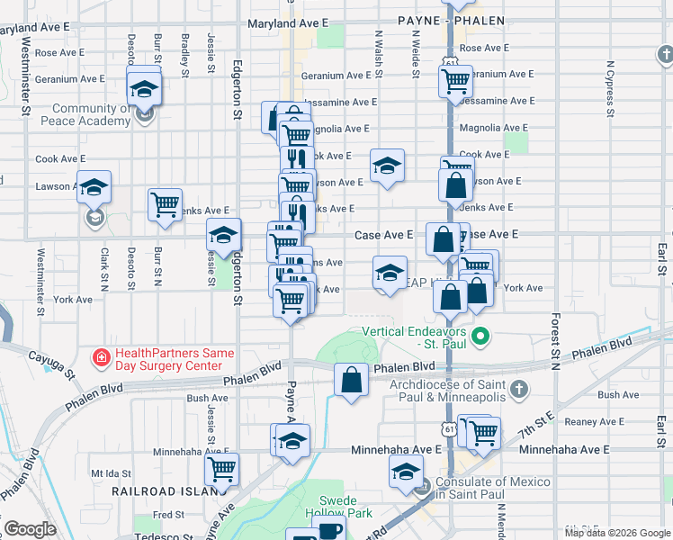 map of restaurants, bars, coffee shops, grocery stores, and more near 677 York Avenue in Saint Paul