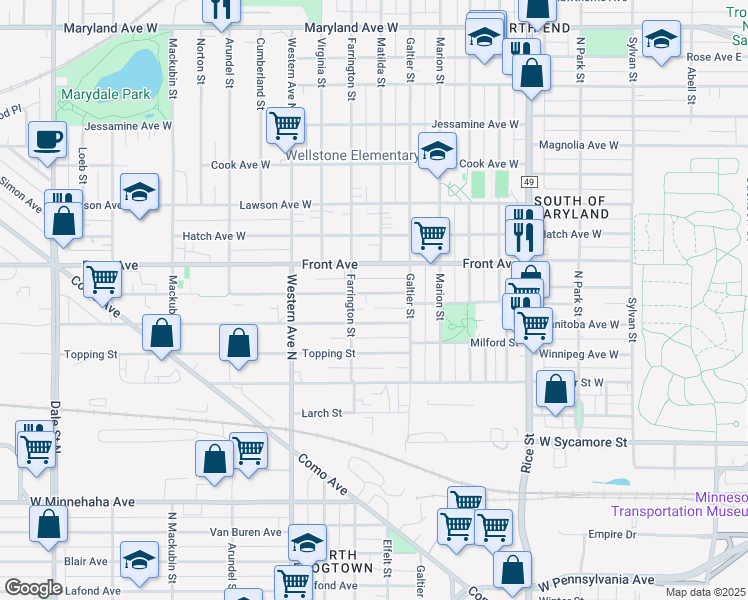 map of restaurants, bars, coffee shops, grocery stores, and more near 297 Burgess Street in Saint Paul