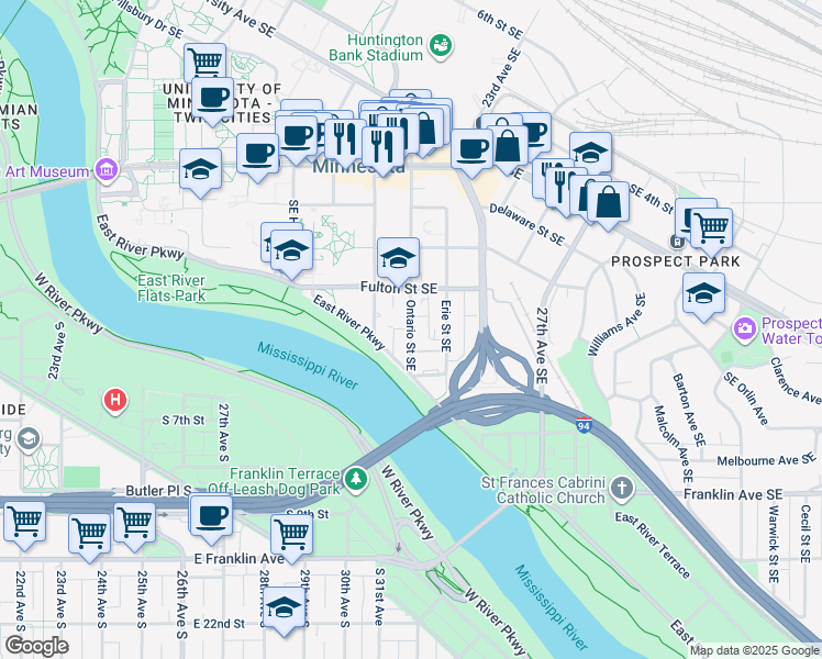 map of restaurants, bars, coffee shops, grocery stores, and more near 916 Dartmouth Place Southeast in Minneapolis