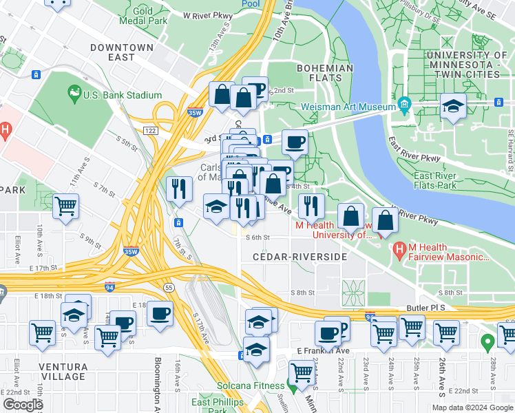 map of restaurants, bars, coffee shops, grocery stores, and more near 1825 South 5th Street in Minneapolis