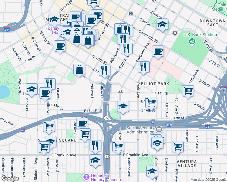 map of restaurants, bars, coffee shops, grocery stores, and more near 507 East 14th Street in Minneapolis